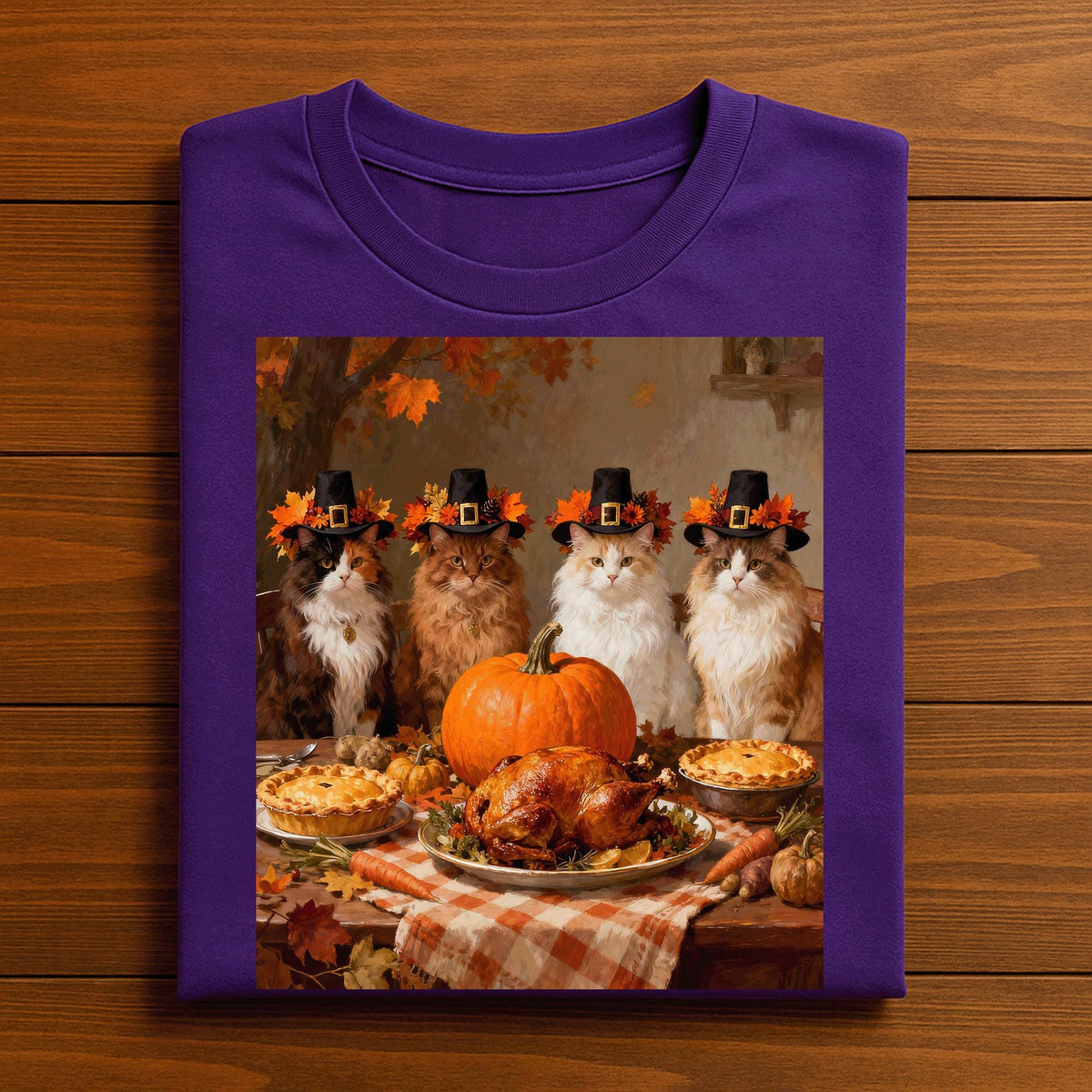 Thanksgiving Cats Dinner Feast Vintage Fall Men Women Kids, Funny Thanksgiving Cat Pilgrim Dinner Shirt, Cute Cats Pumpkin Pie Turkey Autumn