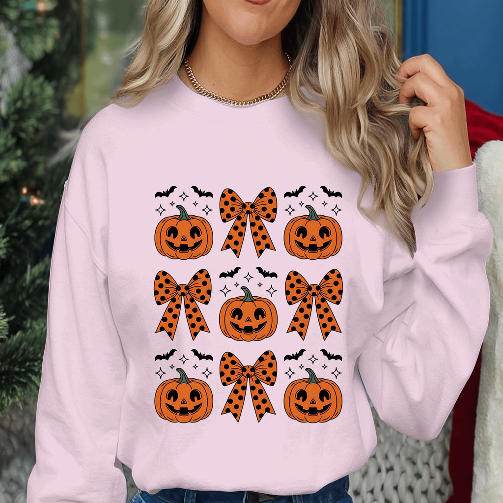 Girl Pumpkin Bow Shirt, Cute Halloween T-Shirt Women, Polka Dot Bow Pumpkin Shirt, Kawaii Fall Halloween Tee, Bow Halloween Sweatshirt ,