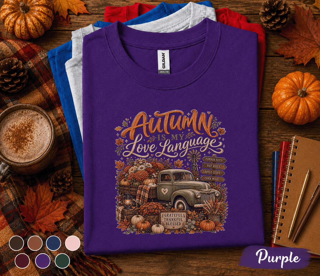 Autumn Is My Love Language Shirt, Vintage Fall Truck Pumpkin Patch Tee, Cozy Harvest T-Shirt, Thanksgiving Autumn Lover Gift, Fall Outfit