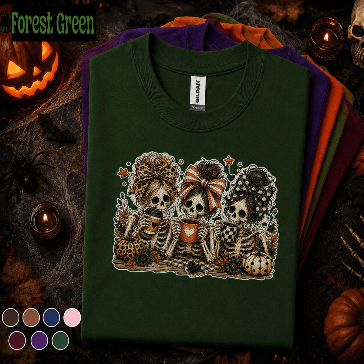 Skeleton Besties Halloween Shirt, Spooky Coffee T Shirt, Cute Bow Skeleton Tee, Pumpkin Fall Shirt, Halloween Girls Gift Tee