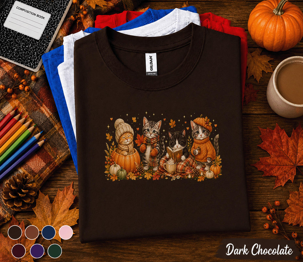 Cute Fall Cats Shirt, Autumn Kitten Pumpkin Tee, Cozy Thanksgiving Cat Lover Gift, Pumpkin Spice Season Unisex T-Shirt