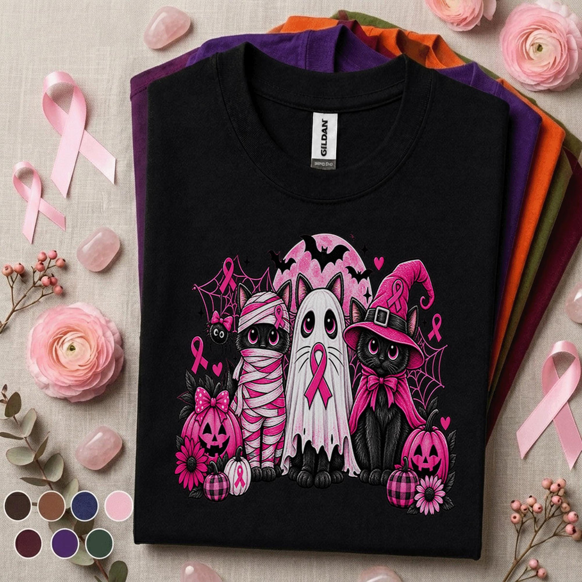 Breast Cancer Awareness Halloween Shirt, Pink Ribbon Black Cat Tee, Spooky October Cancer Support Shirt, Halloween Pink Out Survivor Gift
