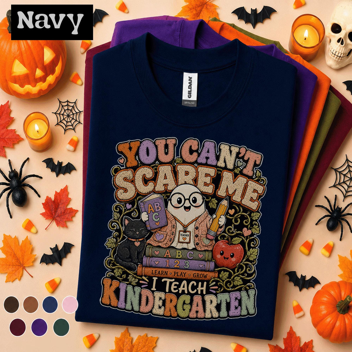 You Cant Scare Me I Teach Kindergarten Halloween Shirt, Funny Ghost Teacher Tee, Spooky Kindergarten Teacher Gift, Fall Classroom Tee