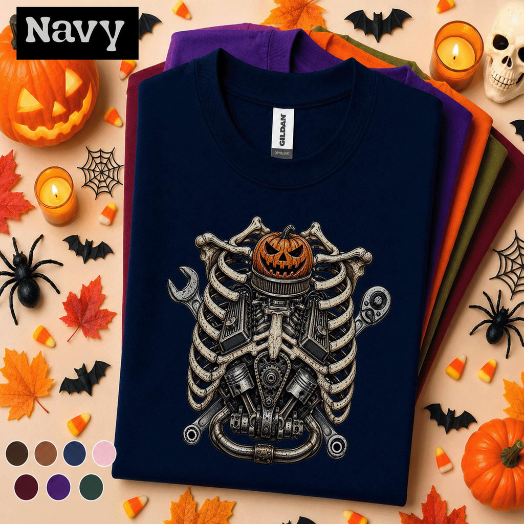 Mechanic Halloween Shirt, Skeleton Engine Rib Cage Tee, Pumpkin Auto Mechanic Gift, Spooky Garage Technician Vintage Halloween T-Shirt
