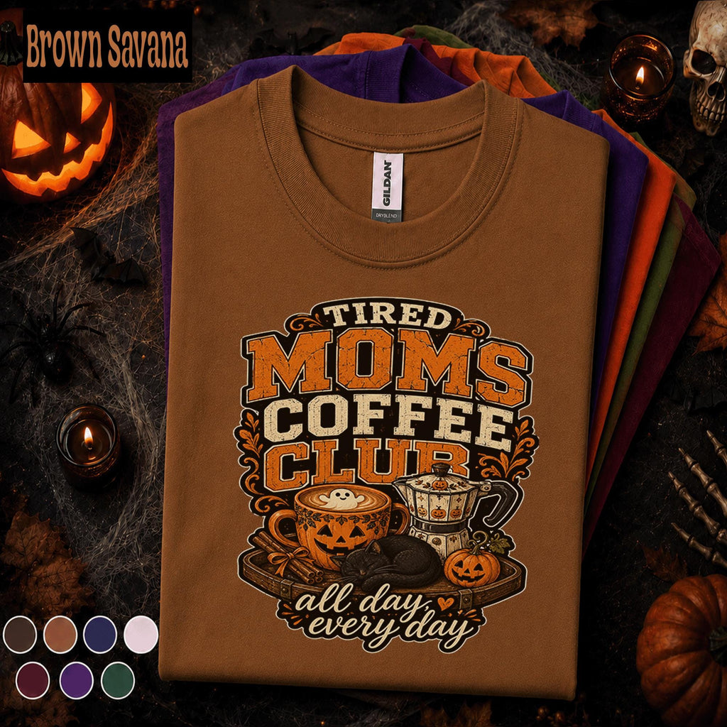 Tired Moms Coffee Club Halloween Shirt, Spooky Coffee Mom Tee, Pumpkin Latte Graphic Shirt, Cozy Fall Mom Gift, Halloween Coffee Lover Tee