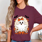 Girly Ghost Bow Shirt, Cute Halloween Spirit Tee, Floral Spooky Aesthetic Top, Haunted Season Tee, Women Ghost Halloween Sweatshirt