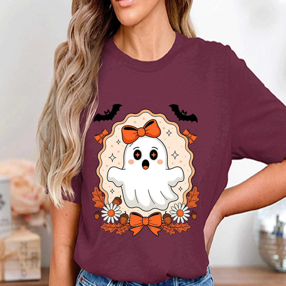 Girly Ghost Bow Shirt, Cute Halloween Spirit Tee, Floral Spooky Aesthetic Top, Haunted Season Tee, Women Ghost Halloween Sweatshirt