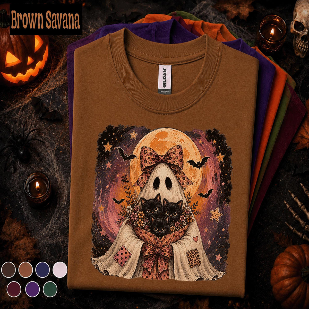 Ghost and Black Cats Halloween Shirt, Cute Spooky Cat Tee, Vintage Ghost T Shirt, Witchy Cat Mom Fall Tee, Halloween Cat Lover Gift