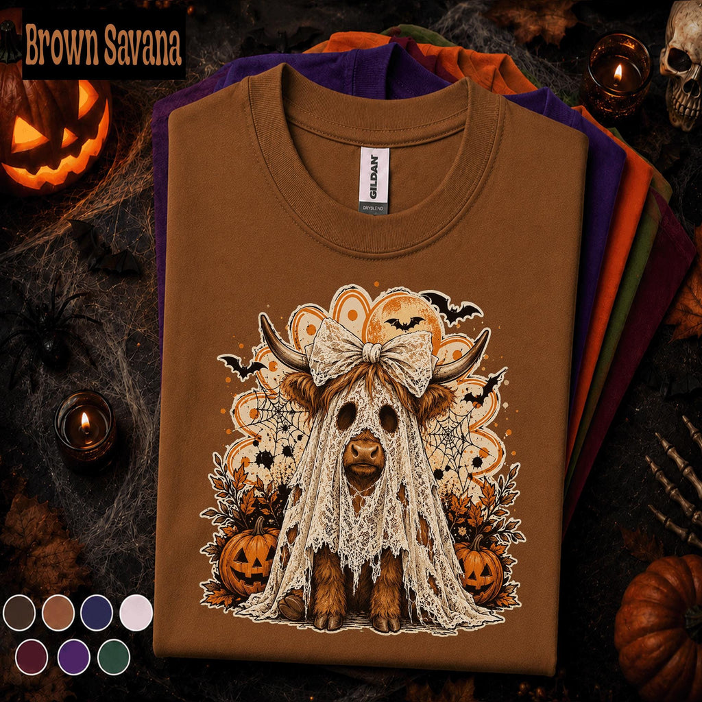 Highland Cow Halloween Shirt, Ghost Costume Cow Tee, Cute Spooky Season Tshirt, Pumpkin Fall Tee, Farmhouse Halloween Gift