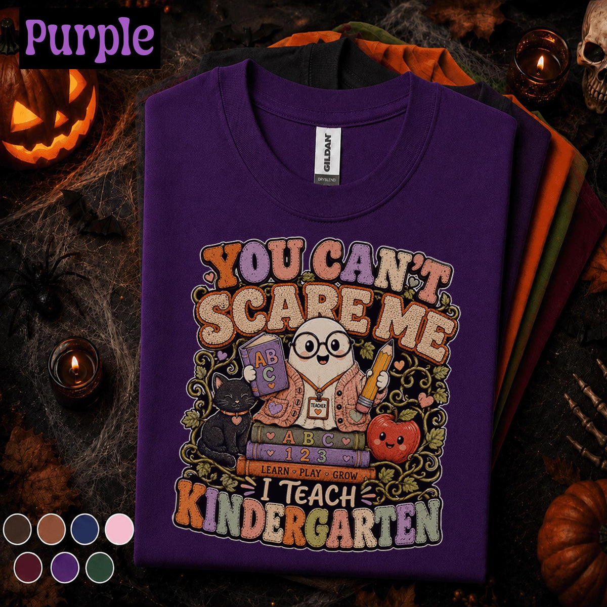 You Cant Scare Me I Teach Kindergarten Halloween Shirt, Funny Ghost Teacher Tee, Spooky Kindergarten Teacher Gift, Fall Classroom Tee