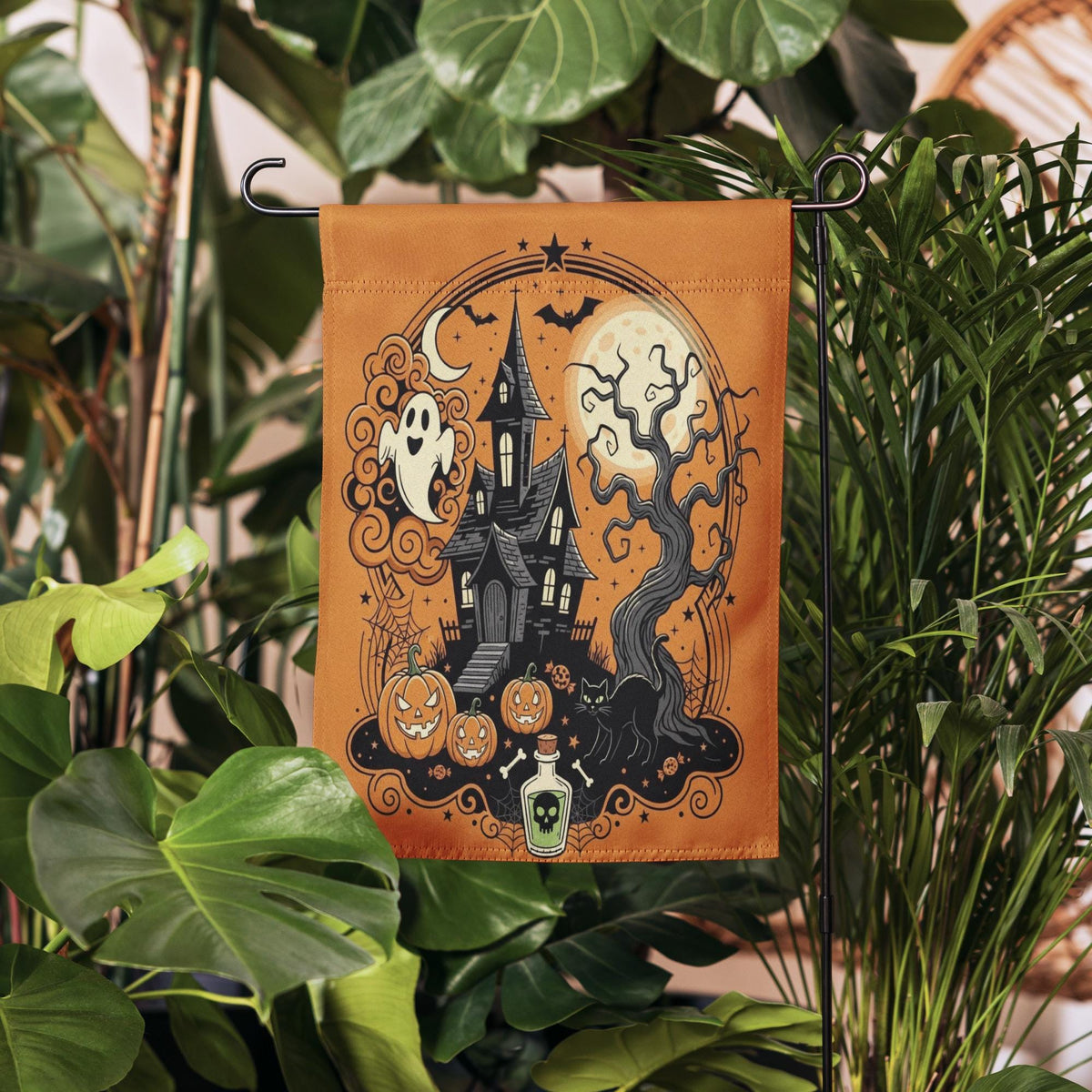 Vintage Halloween Garden Flag | Orange Black Cat Witch Yard Decor | Spooky Pumpkin BOO Banner, Halloween Decoration, Ghost Garden Flag