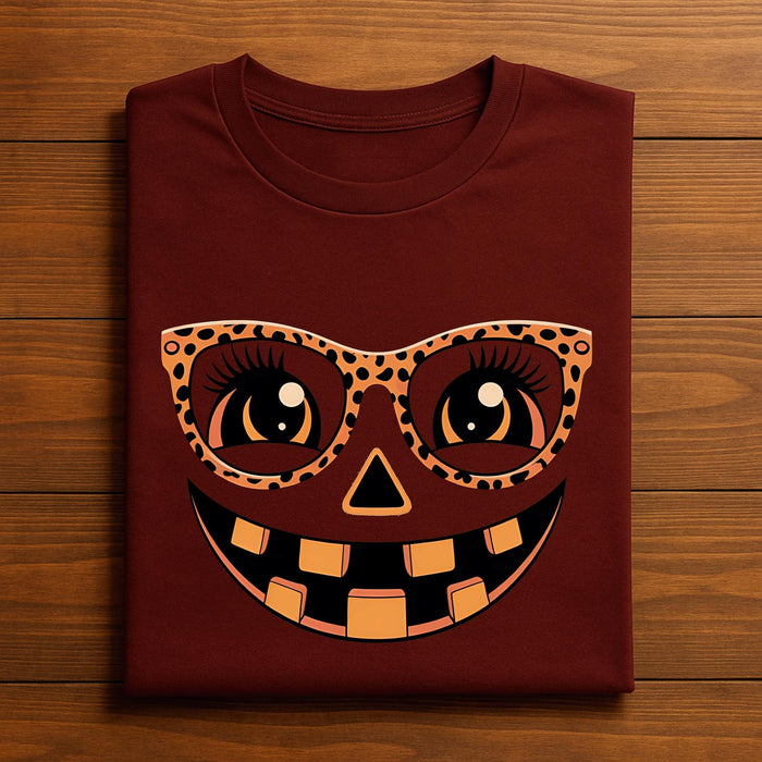 Leopard Pumpkin Face Shirt, Trendy Halloween Tee for Women