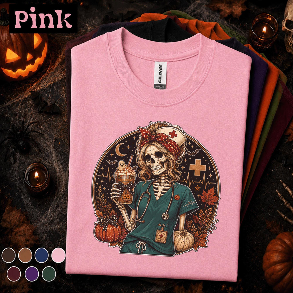 Skeleton Nurse Halloween Shirt, Spooky Registered Nurse Tee, Pumpkin Coffee Nursing Gift, Cute Fall Healthcare Worker Halloween T Shirt