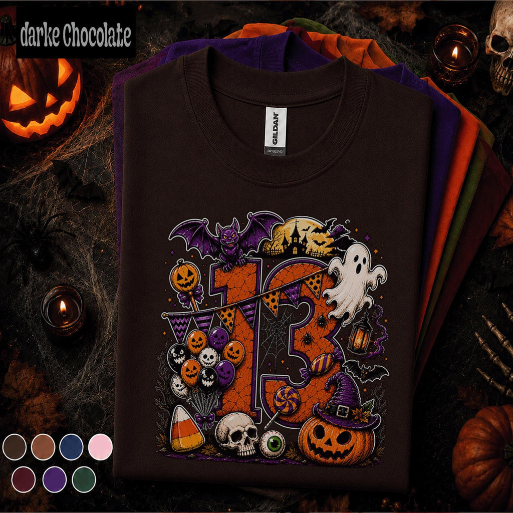 13th Birthday Halloween Shirt, Spooky Number 13 Tee, October Birthday Party Shirt, Ghost Pumpkin Witch Teen Halloween Birthday Gift