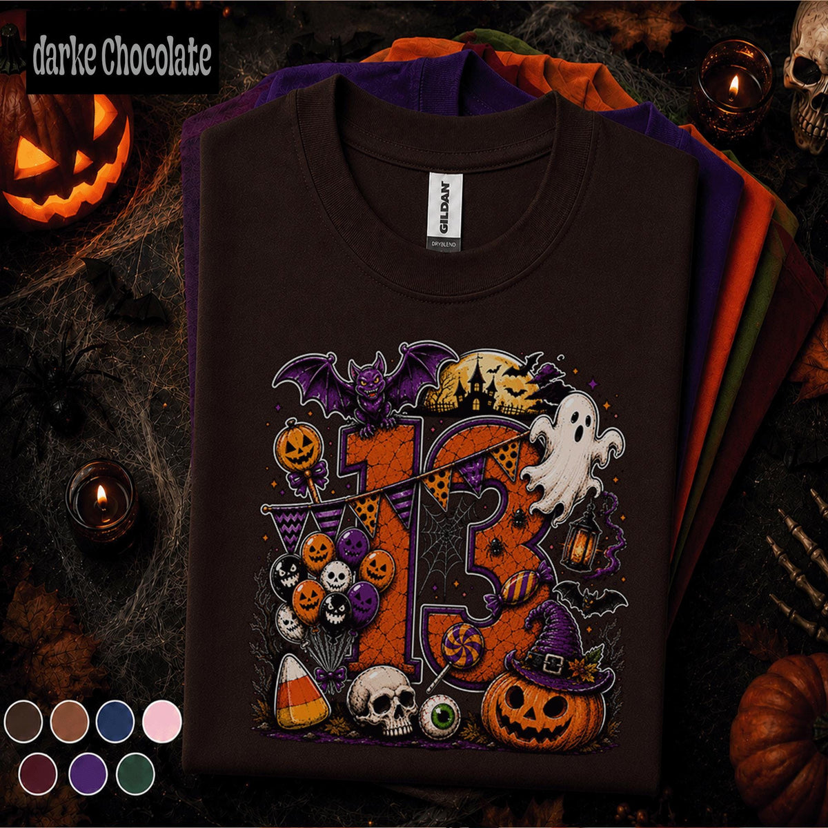 13th Birthday Halloween Shirt, Spooky Number 13 Tee, October Birthday Party Shirt, Ghost Pumpkin Witch Teen Halloween Birthday Gift