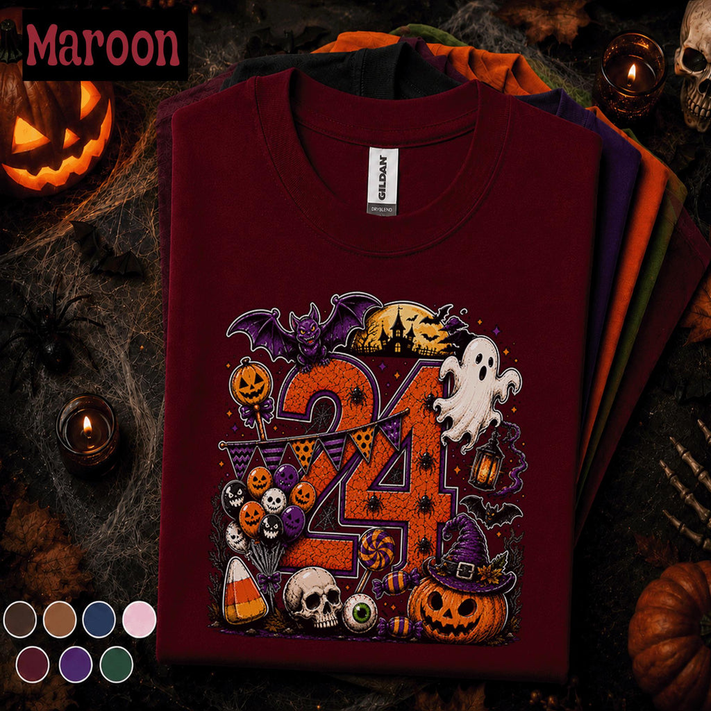 24th Birthday Halloween Shirt, Spooky Number 24 Tee, October Birthday Party Shirt, Ghost Pumpkin Witch Halloween Gift for Women Men