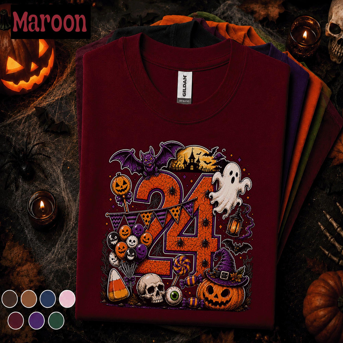 24th Birthday Halloween Shirt, Spooky Number 24 Tee, October Birthday Party Shirt, Ghost Pumpkin Witch Halloween Gift for Women Men