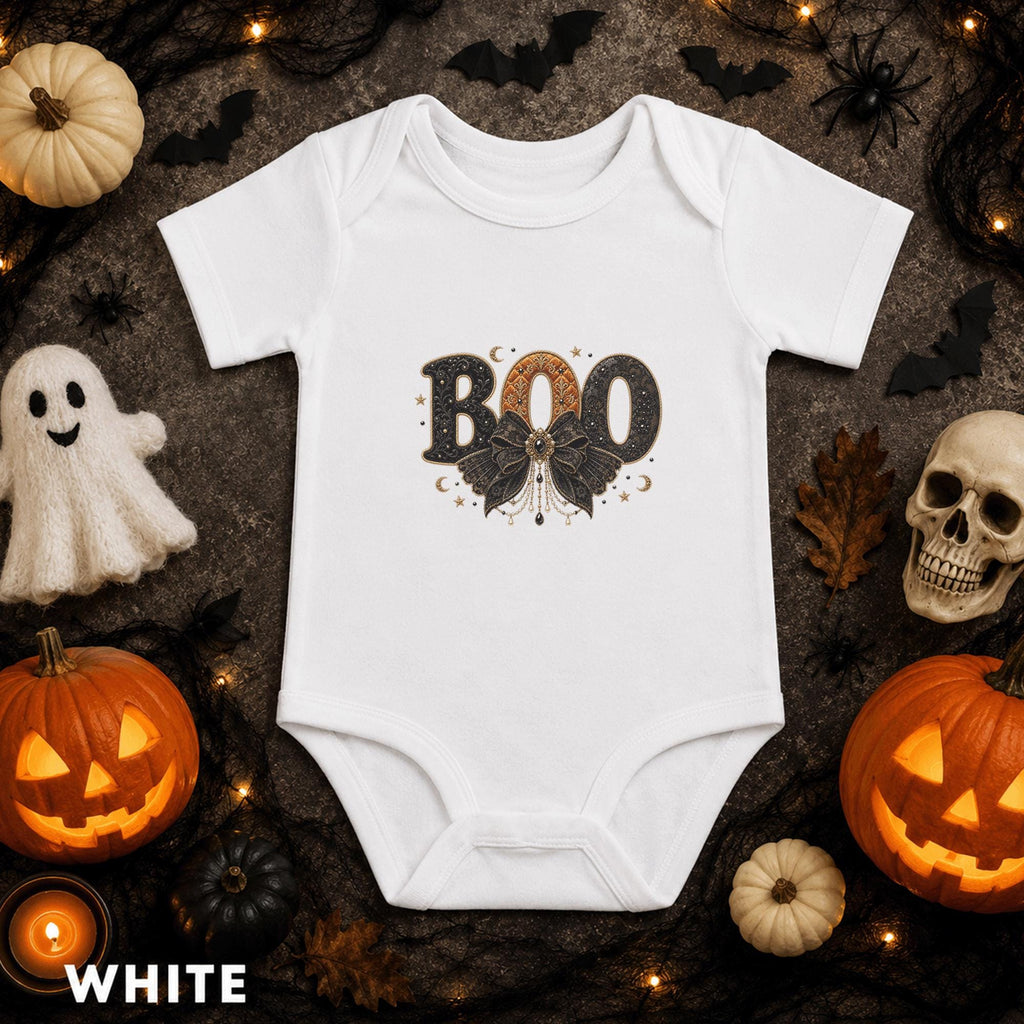 Gothic Boo Baby Bodysuit, Halloween Infant Outfit, Black Bow Newborn Shirt, First Halloween Gift, Spooky Cute Baby Costume, Fall Outfit