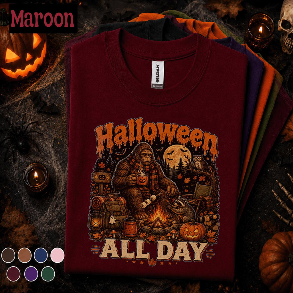 Bigfoot Halloween Shirt, Sasquatch Camping Tee, Halloween All Day Shirt, Spooky Campfire Cryptid Tee, Fall Gift for Bigfoot Lovers