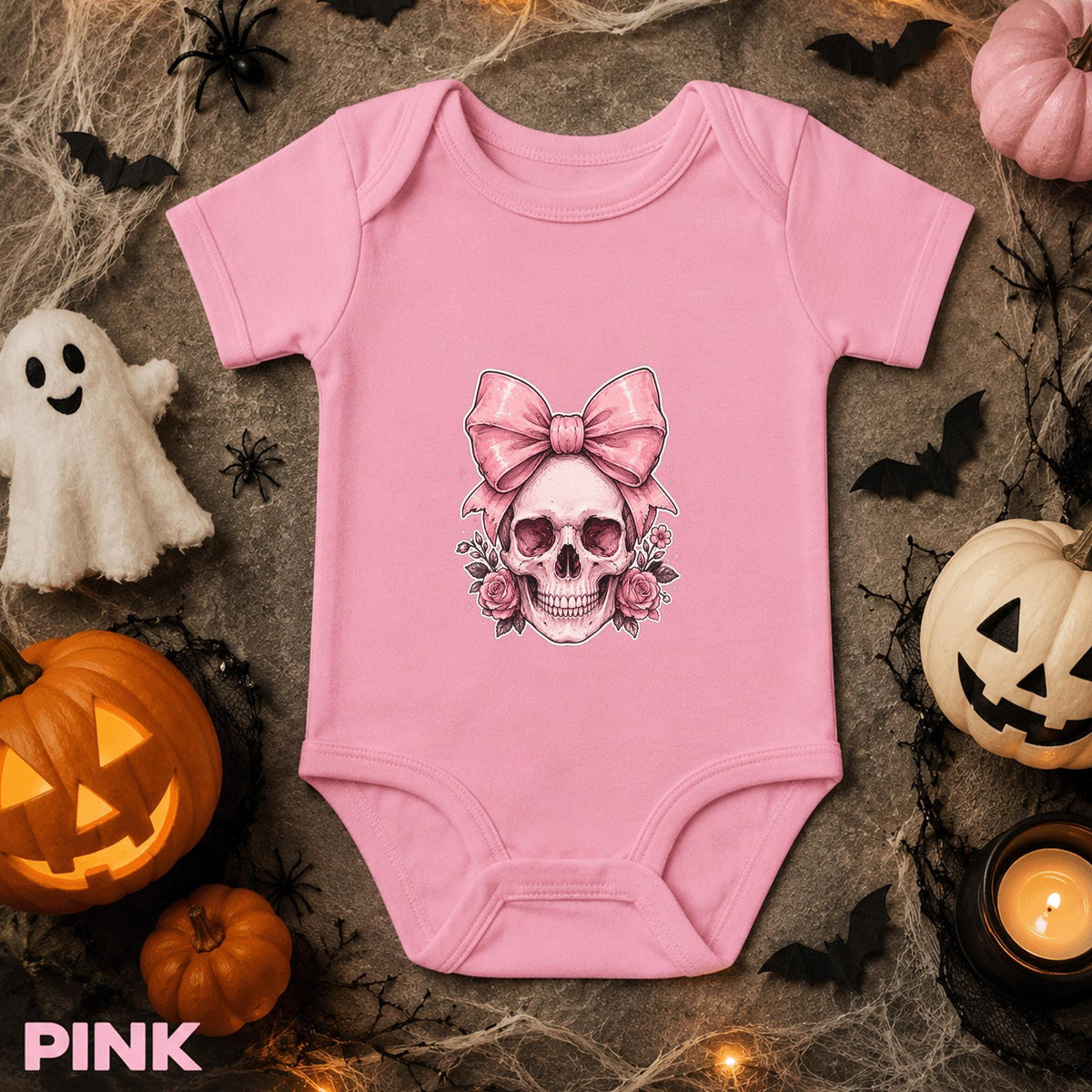 Pink Skull Halloween Baby Bodysuit, Coquette Bow Infant Onesie, Gothic Floral Baby Outfit, Spooky Cute First Halloween Gift for Baby Girl