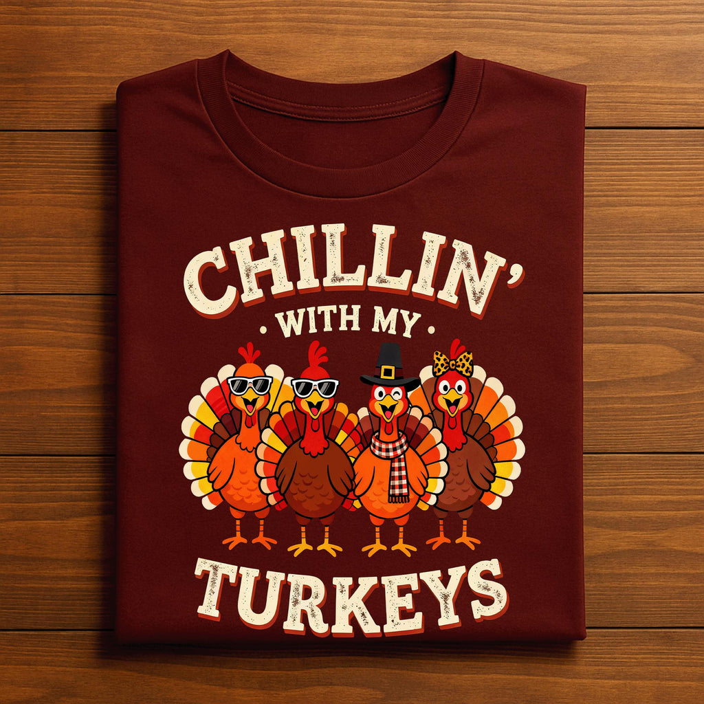 Chillin With My Turkeys Funny Thanksgiving Shirt, Fall Family Outfit Autumn Turkey Squad Matching Holiday Tee, Gift Thanksgiving Sweatshirt