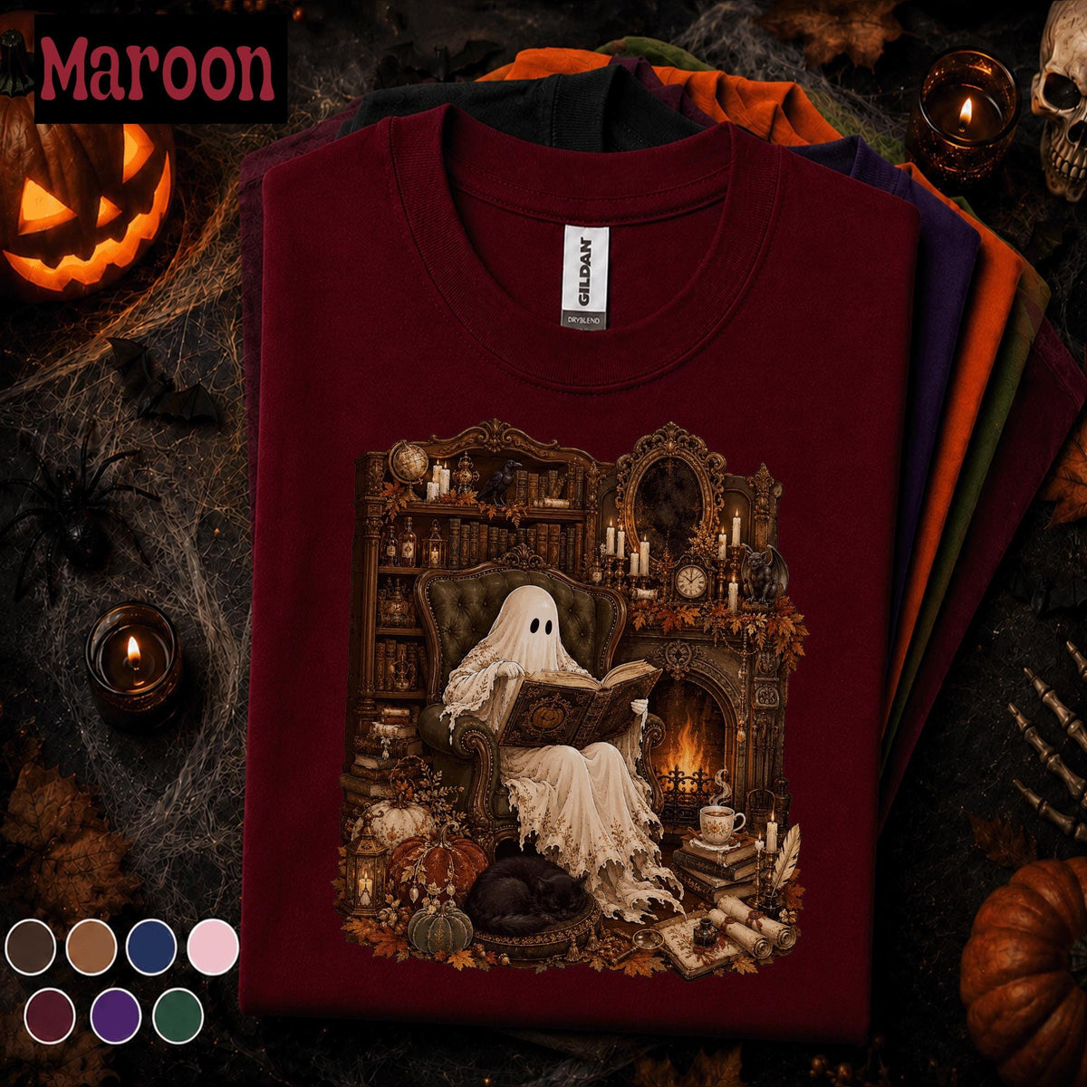 Cozy Ghost Reading Shirt, Vintage Halloween Tee, Spooky Book Lover Gift, Gothic Library Shirt, Autumn Pumpkin T Shirt, Witchy Fall Top