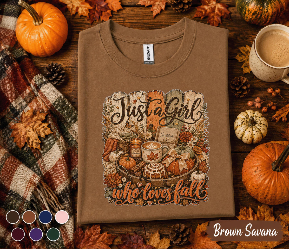 Just a Girl Who Loves Fall Shirt, Cozy Autumn Coffee Tee, Cute Pumpkin Lover Sweatshirt, Thanksgiving Fall Aesthetic Shirt