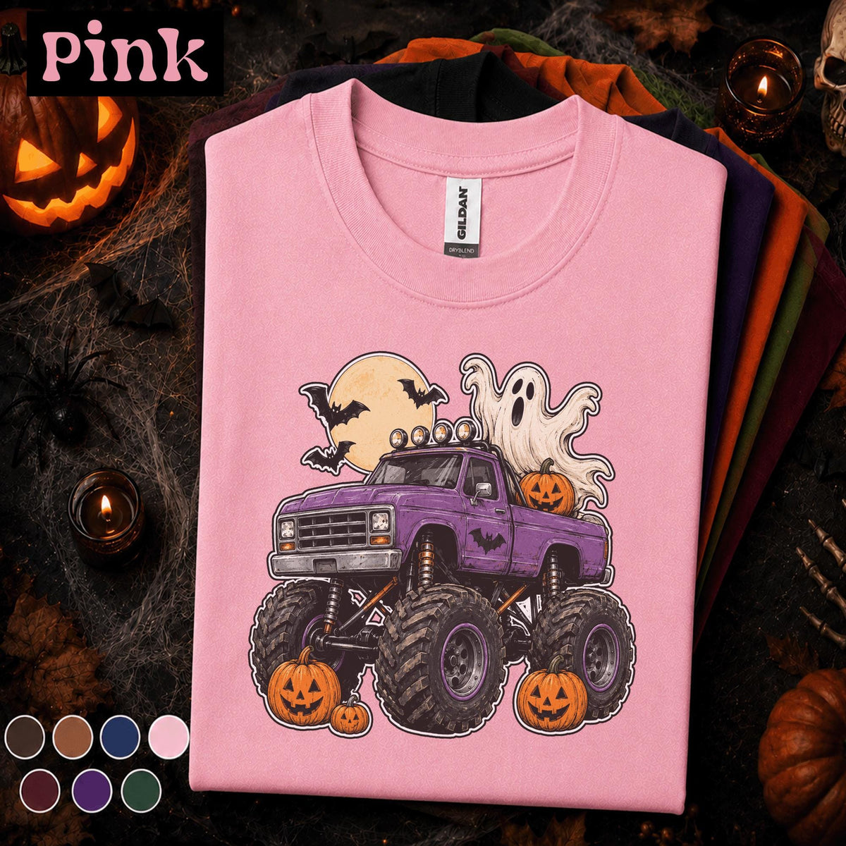 Halloween Monster Truck Shirt, Purple Pickup Ghost Tee, Pumpkin Truck T Shirt, Spooky Off Road, Kids Youth Boys Halloween Gift Truck Lovers