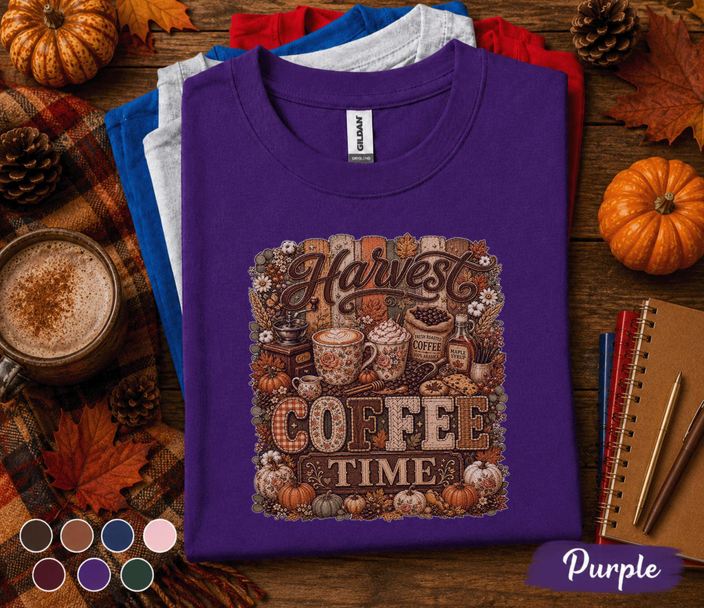 Harvest Coffee Time Shirt Fall Coffee Lover Tee Pumpkin Spice Autumn Shirt Cozy Cafe Thanksgiving Gift for Women