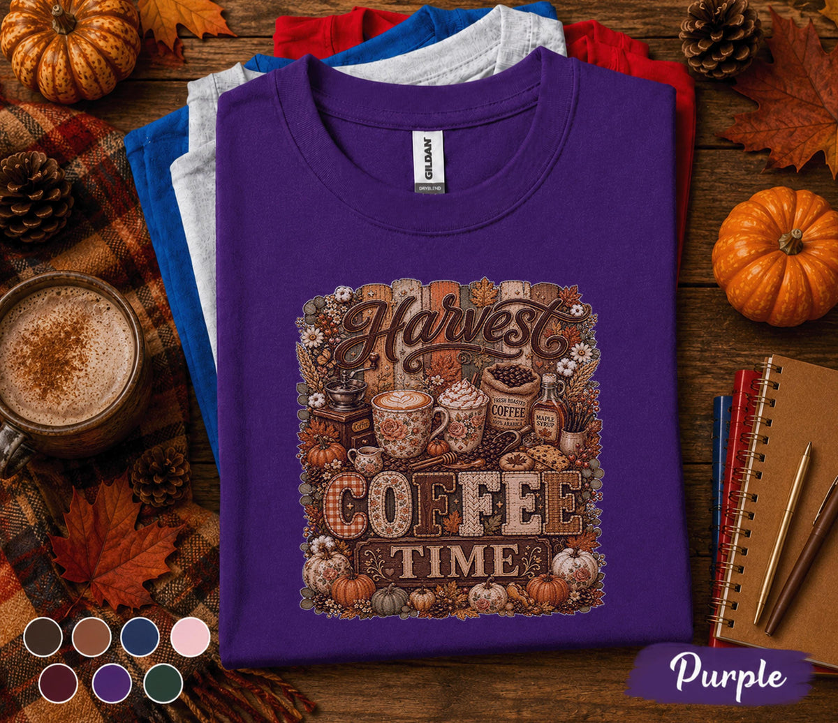 Harvest Coffee Time Shirt Fall Coffee Lover Tee Pumpkin Spice Autumn Shirt Cozy Cafe Thanksgiving Gift for Women