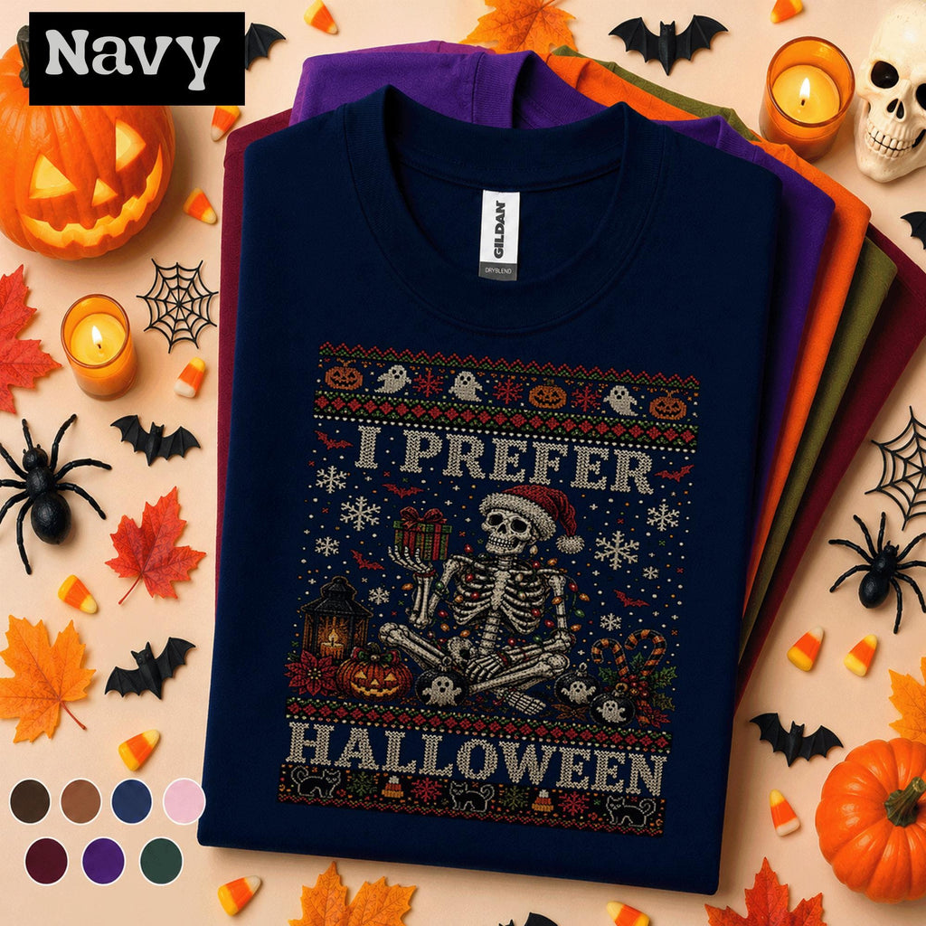 I Prefer Halloween Christmas Shirt, Skeleton Santa Spooky Holiday Tee, Funny Halloween Christmas T Shirt, Gothic Xmas Skeleton Gift Tee