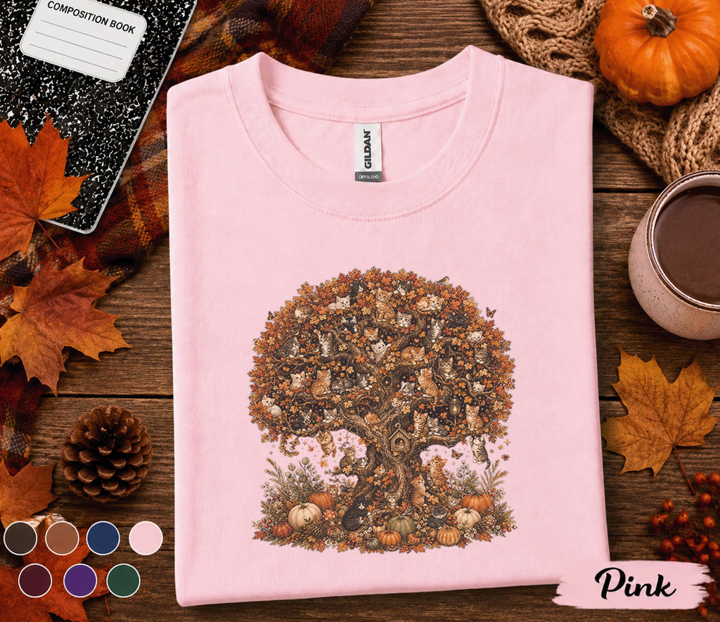 Cute Cat Fall Shirt, Autumn Kitten Tree Tee, Pumpkin Harvest Cat Lover T-Shirt, Woodland Cats Cottagecore Fall Outfit, Thanksgiving Gift