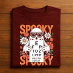 Spooky Optometrist Halloween Shirt, Ghost Holding Eye Chart Tee with Glasses, Optometry Halloween Shirts Optician Spooky Optometrist Crew