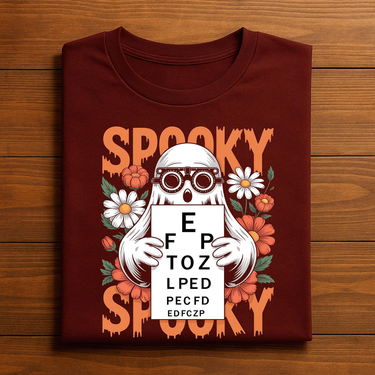 Spooky Optometrist Halloween Shirt, Ghost Holding Eye Chart Tee with Glasses, Optometry Halloween Shirts Optician Spooky Optometrist Crew