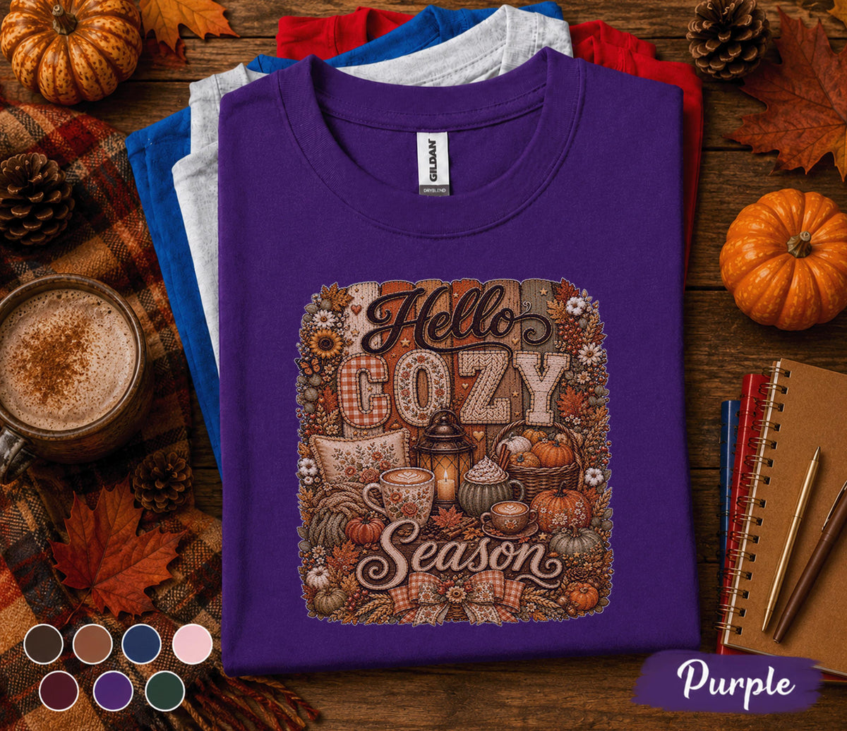 Hello Cozy Season Shirt, Cozy Fall Tee, Autumn Pumpkin Coffee Shirt, Cute Harvest Season Sweatshirt, Thanksgiving Gift for Her, Fall Vibes