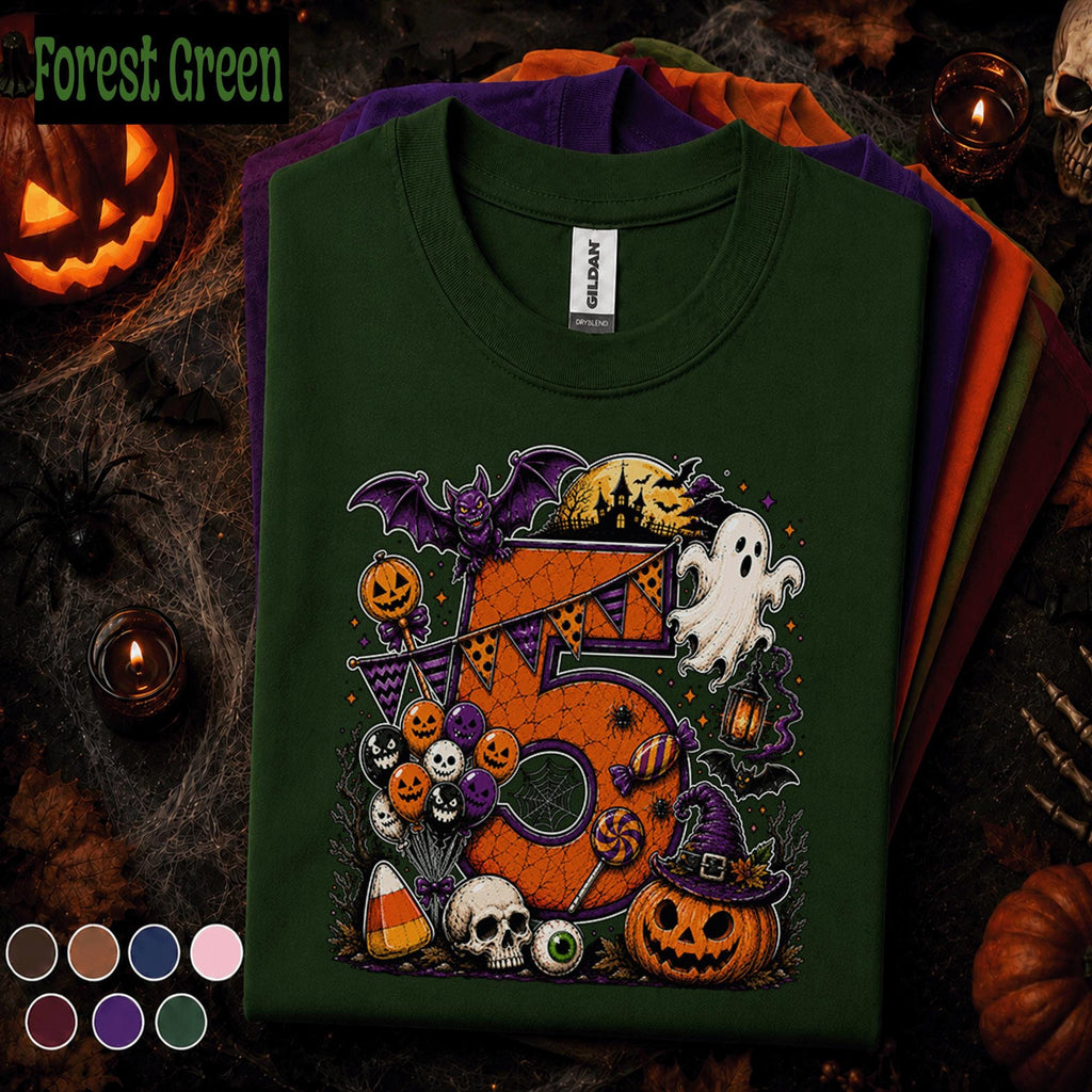5th Birthday Halloween Shirt, Spooky Number 5 Tee, October Birthday Party Shirt, Ghost Pumpkin Witch Kids Halloween Gift for Girls Boys