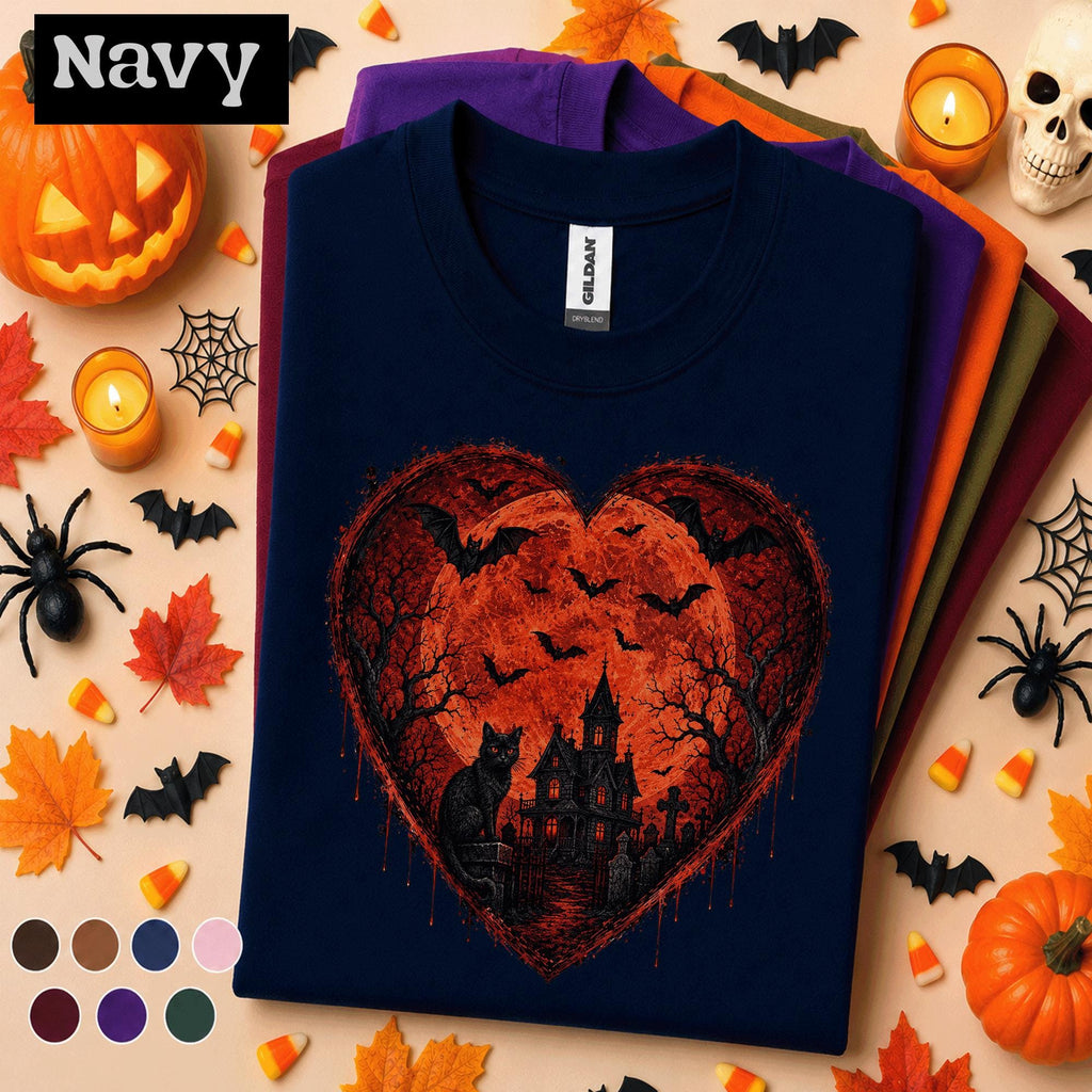 Gothic Halloween Shirt couple, Haunted House Black Cat Tee, Red Moon Bat Tshirt, Spooky Heart Halloween Gift, Dark Goth Shirt