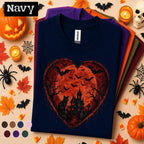 Gothic Halloween Shirt couple, Haunted House Black Cat Tee, Red Moon Bat Tshirt, Spooky Heart Halloween Gift, Dark Goth Shirt