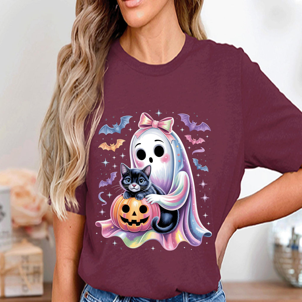 Kawaii Ghost with Cat Pumpkin Shirt, Pastel Halloween Ghost Tee, Spooky Cute Haunted Costume Top for Girls Women Gift, Cute Ghost Sweatshirt
