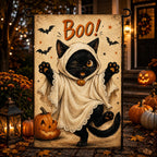 Black Cat Ghost Halloween Garden Flag, Cute Boo Yard Decor