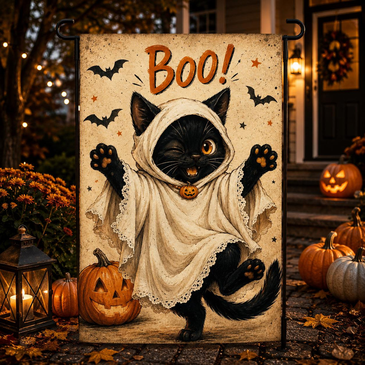 Black Cat Ghost Halloween Garden Flag, Cute Boo Yard Decor