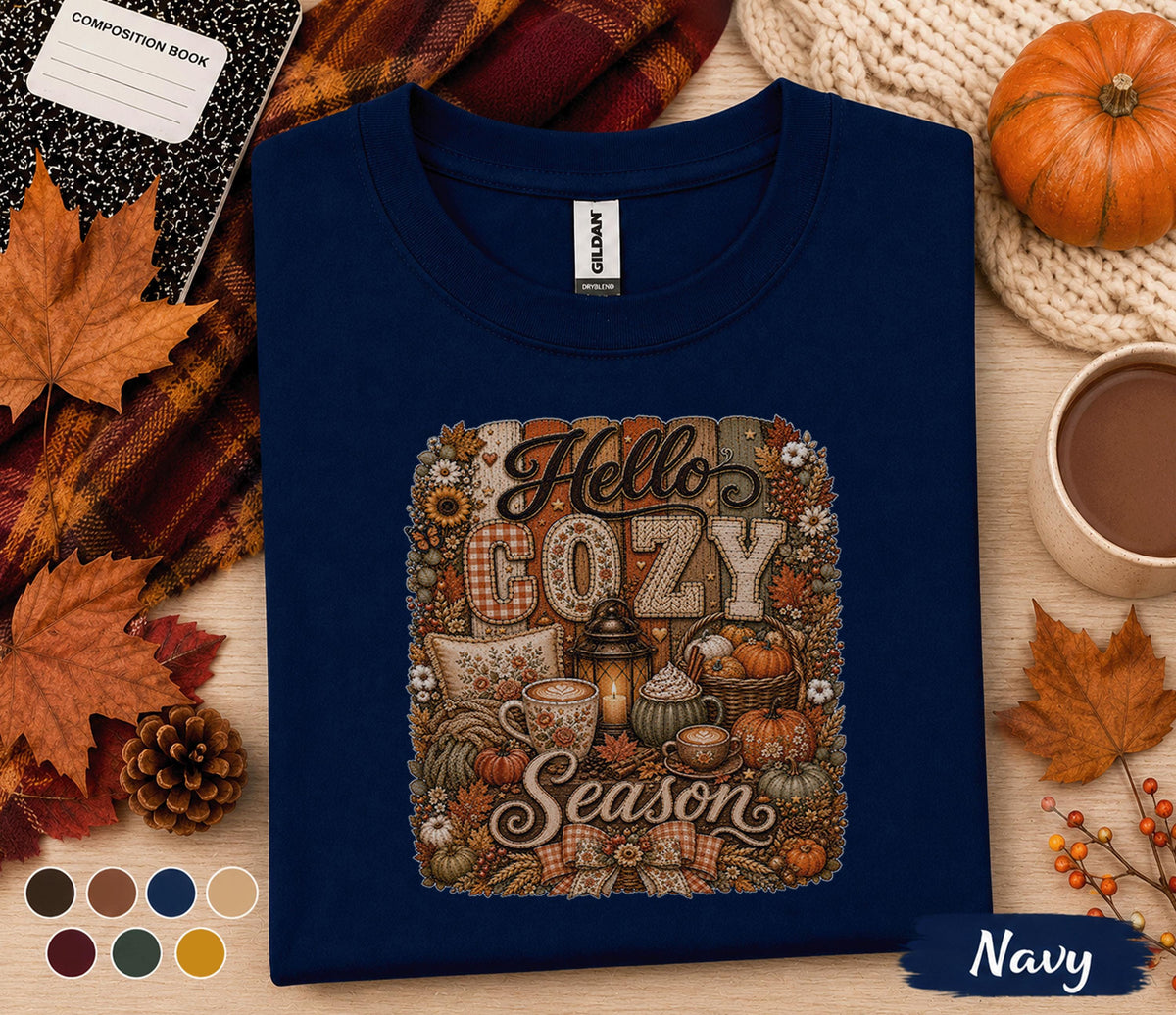Hello Cozy Season Shirt, Cozy Fall Tee, Autumn Pumpkin Coffee Shirt, Cute Harvest Season Sweatshirt, Thanksgiving Gift for Her, Fall Vibes