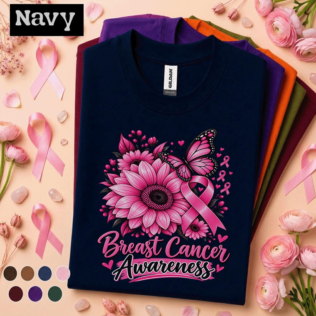 Breast Cancer Awareness Shirt, Pink Ribbon Butterfly Tee, Floral Cancer Support Shirt, October Awareness Gift for Survivor Women Mom