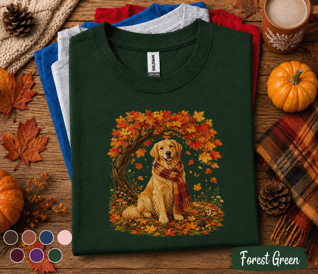 Golden Retriever Fall Shirt, Cozy Autumn Dog Tee, Golden Retriever Pumpkin Sweatshirt, Fall Leaves Scarf Puppy Shirt, Thanksgiving Pet Gift
