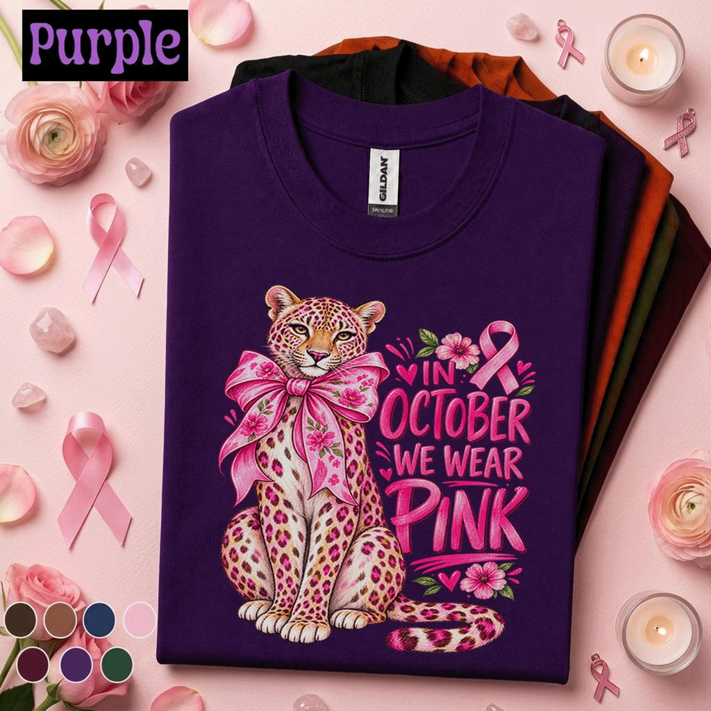 Breast Cancer Awareness Shirt, In October We Wear Pink Tee, Pink Ribbon Leopard Shirt, Pink Out Breast Cancer Support Gift for Women
