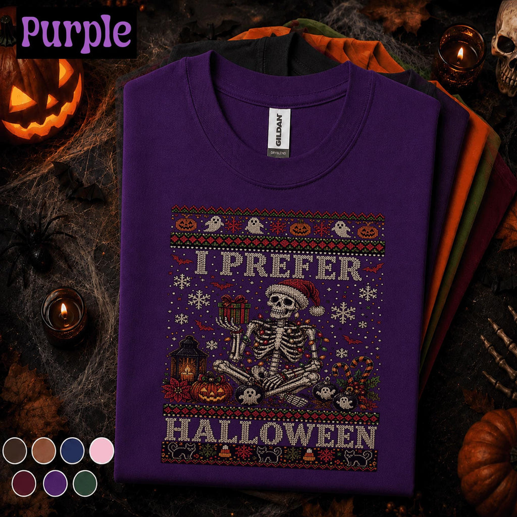 I Prefer Halloween Christmas Shirt, Skeleton Santa Spooky Holiday Tee, Funny Halloween Christmas T Shirt, Gothic Xmas Skeleton Gift Tee