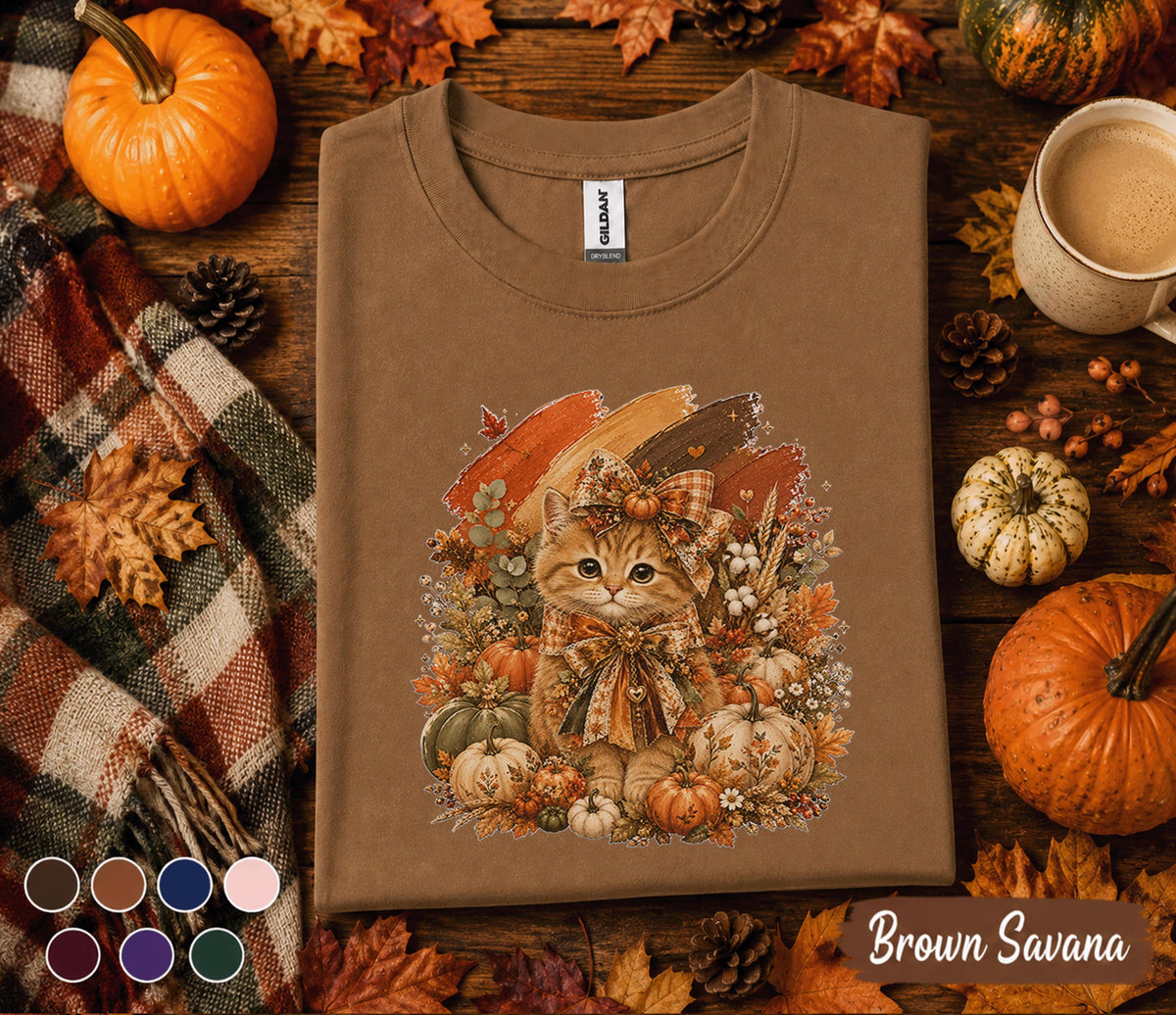 Cute Fall Kitten Shirt, Autumn Pumpkin Cat Tee
