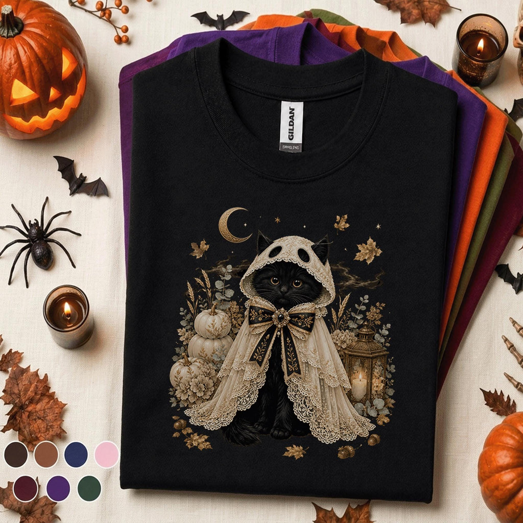 Black Cat Halloween Shirt, Cute Ghost Costume Cat Tee, Gothic Cottagecore Halloween, Spooky Autumn Pumpkin Shirt, Cat Lover Gift