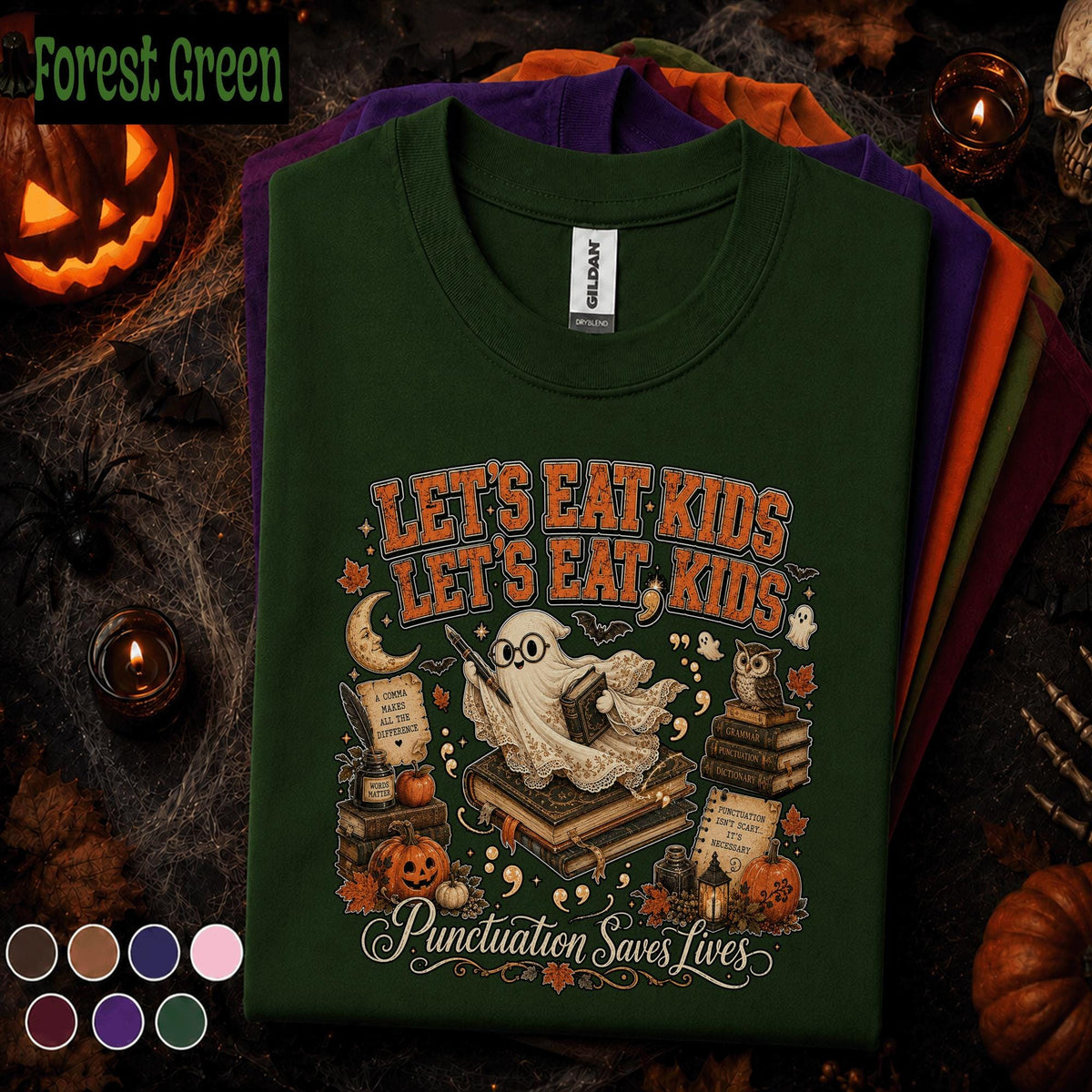 Funny English Teacher Halloween Shirt, Lets Eat Kids Punctuation Saves Lives Tee, Spooky Grammar Teacher Gift, Fall Classroom Educator Tee