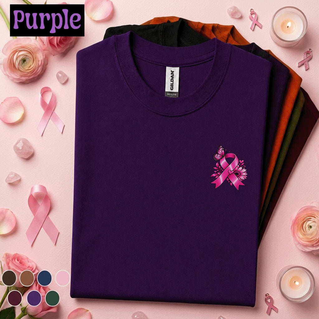 Breast Cancer Awareness Shirt, Pink Ribbon Pocket Tee, Minimalist Floral Butterfly Shirt, October Pink Out Support Gift for Women